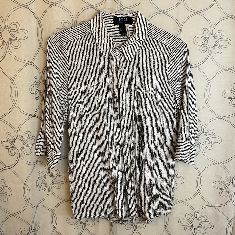 FDJ Womens Button Down‎ Shirt Black Striped 3/4 Roll Tab Sleeve Viscose Size 10